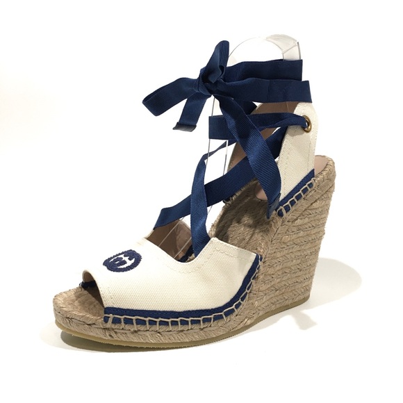 GUCCI GG RIBBON TIE WEDGE ESPADRILLES -WHITE /NAVY -US 8.5 -NEW - Picture 1 of 10
